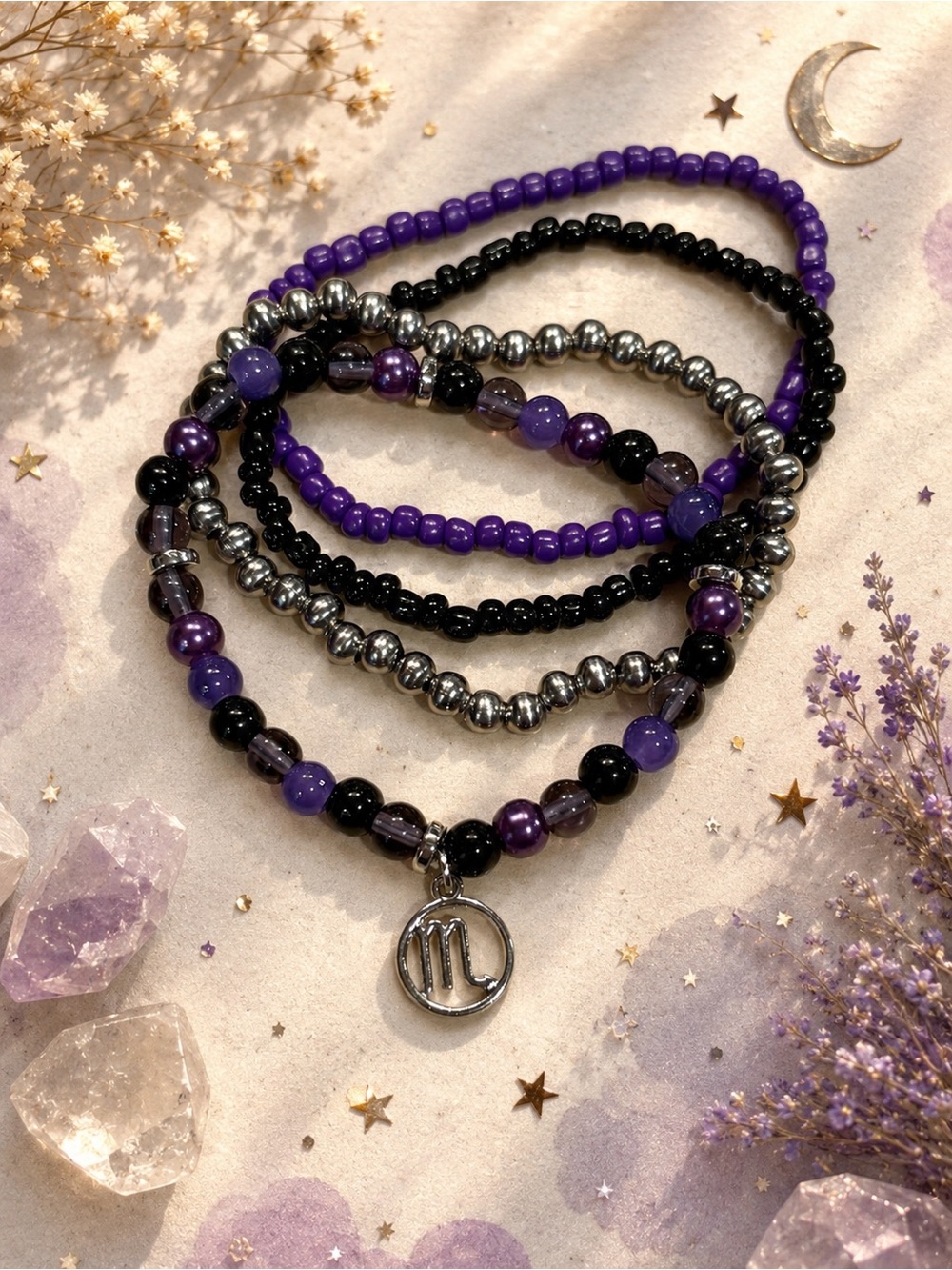 Scorpio Shadow & Amethyst Bracelet Stack | Hamdmade Zodiac Beaded Bracelet Set